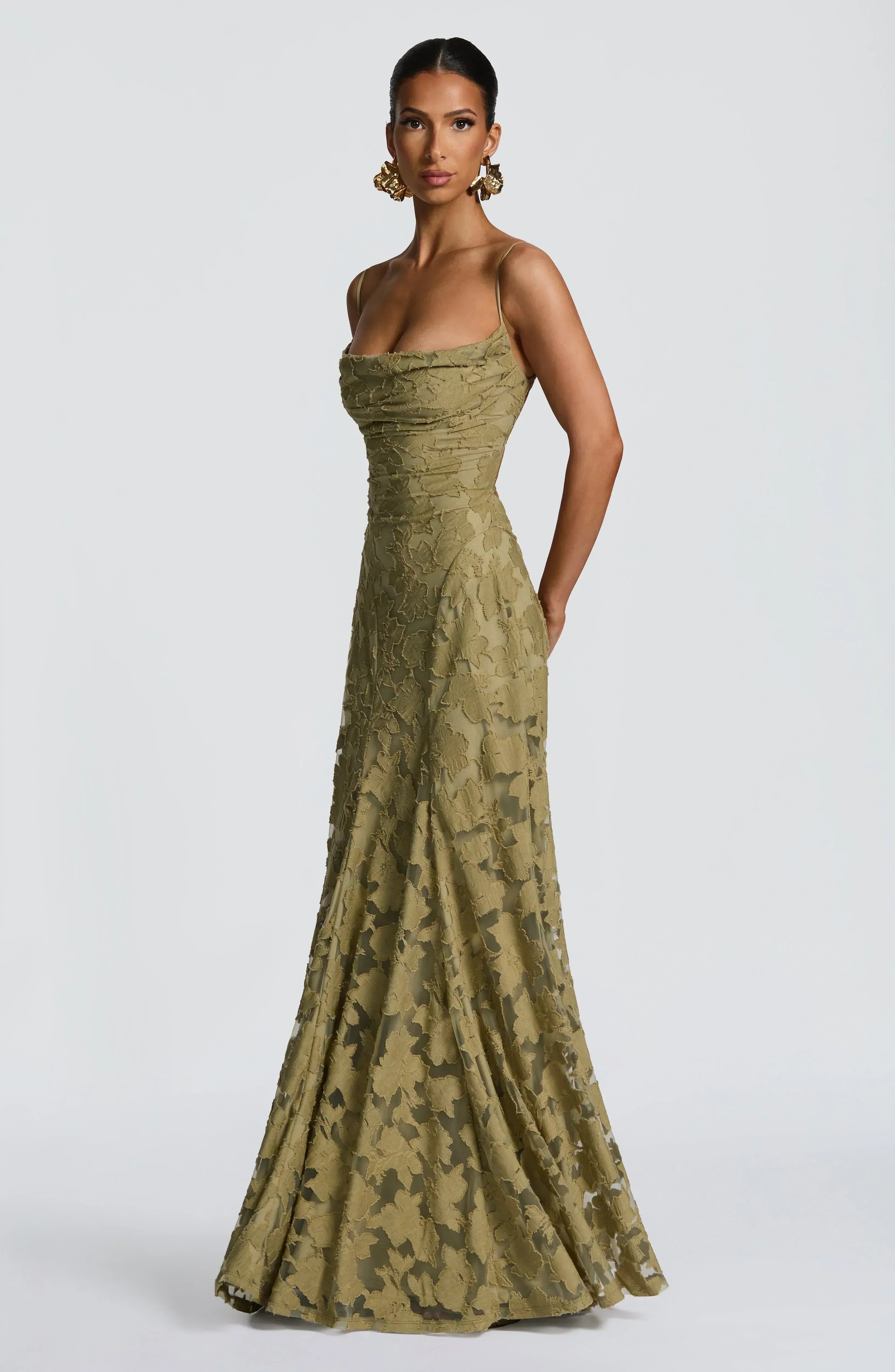 Refined dress in soft, subtly lustrous fabric with a fitted, flowing cut.
